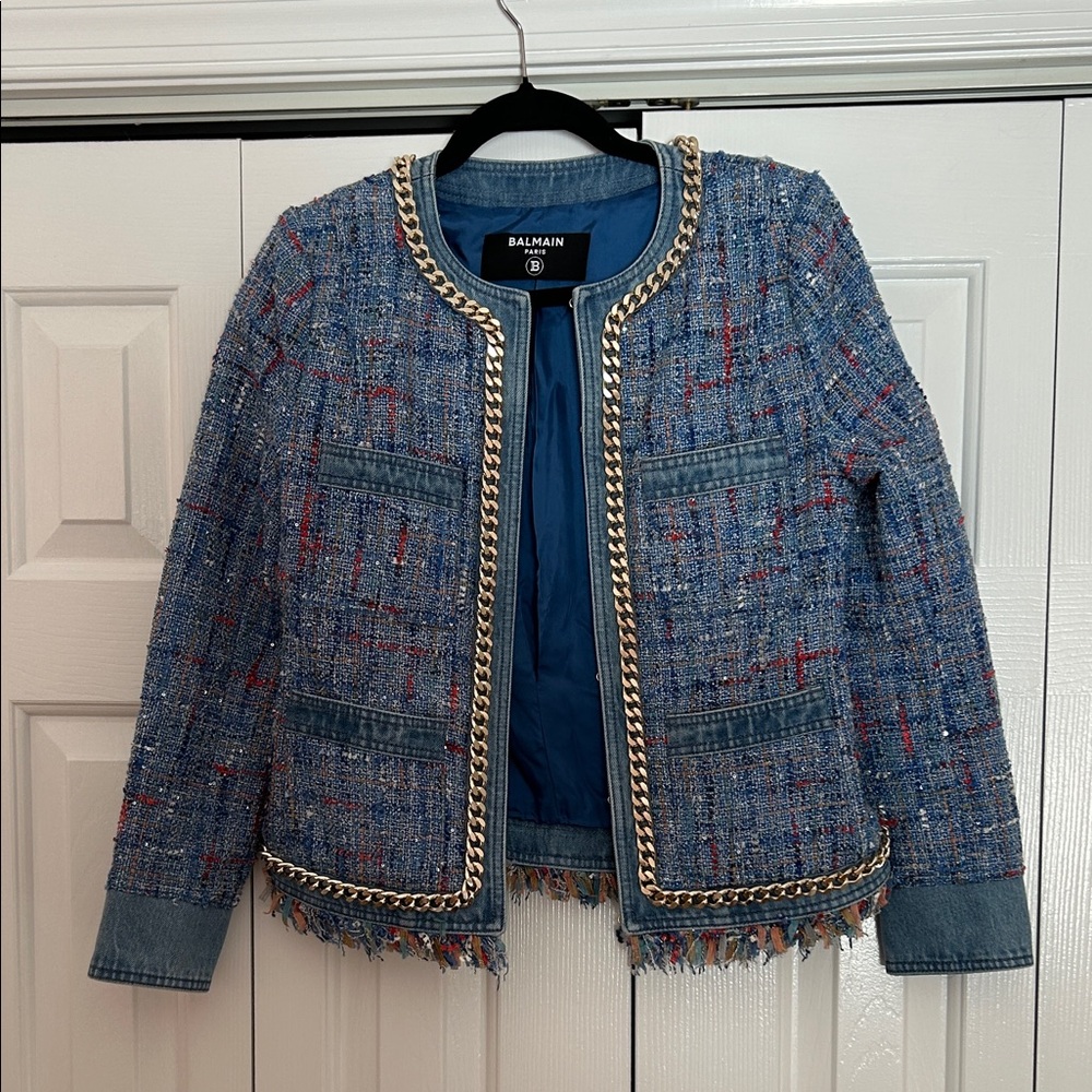 Balmain Women's Blue and Red Tweed Blazer